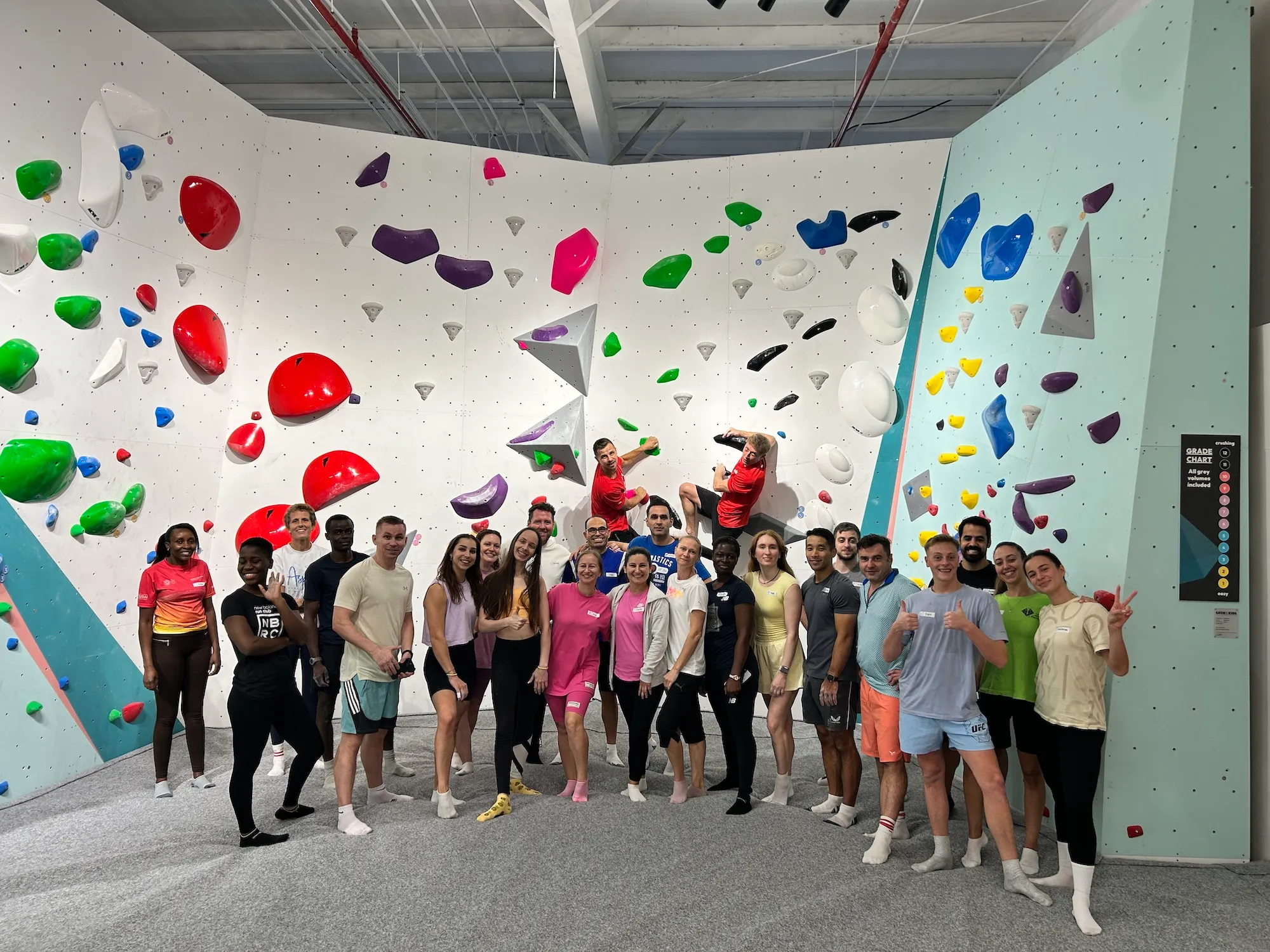A corporate group posing together in front of the bouldering wall after a climbing session