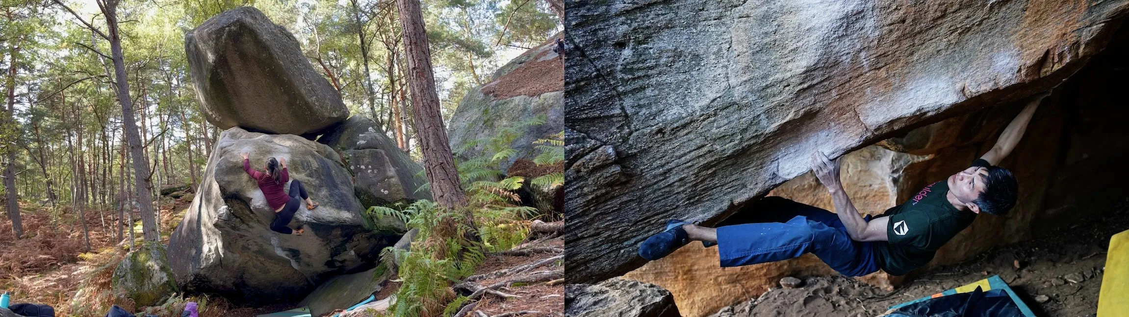 Slopers & mantles in Fontainebleau (left) and steep climbs in Rocklands (right)