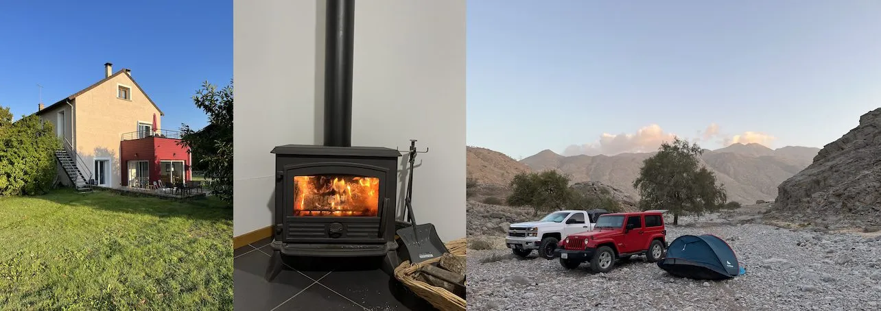Nice guesthouse in Fontainebleau, France (left) and camping in Tawiyan, United Arab Emirates (right)